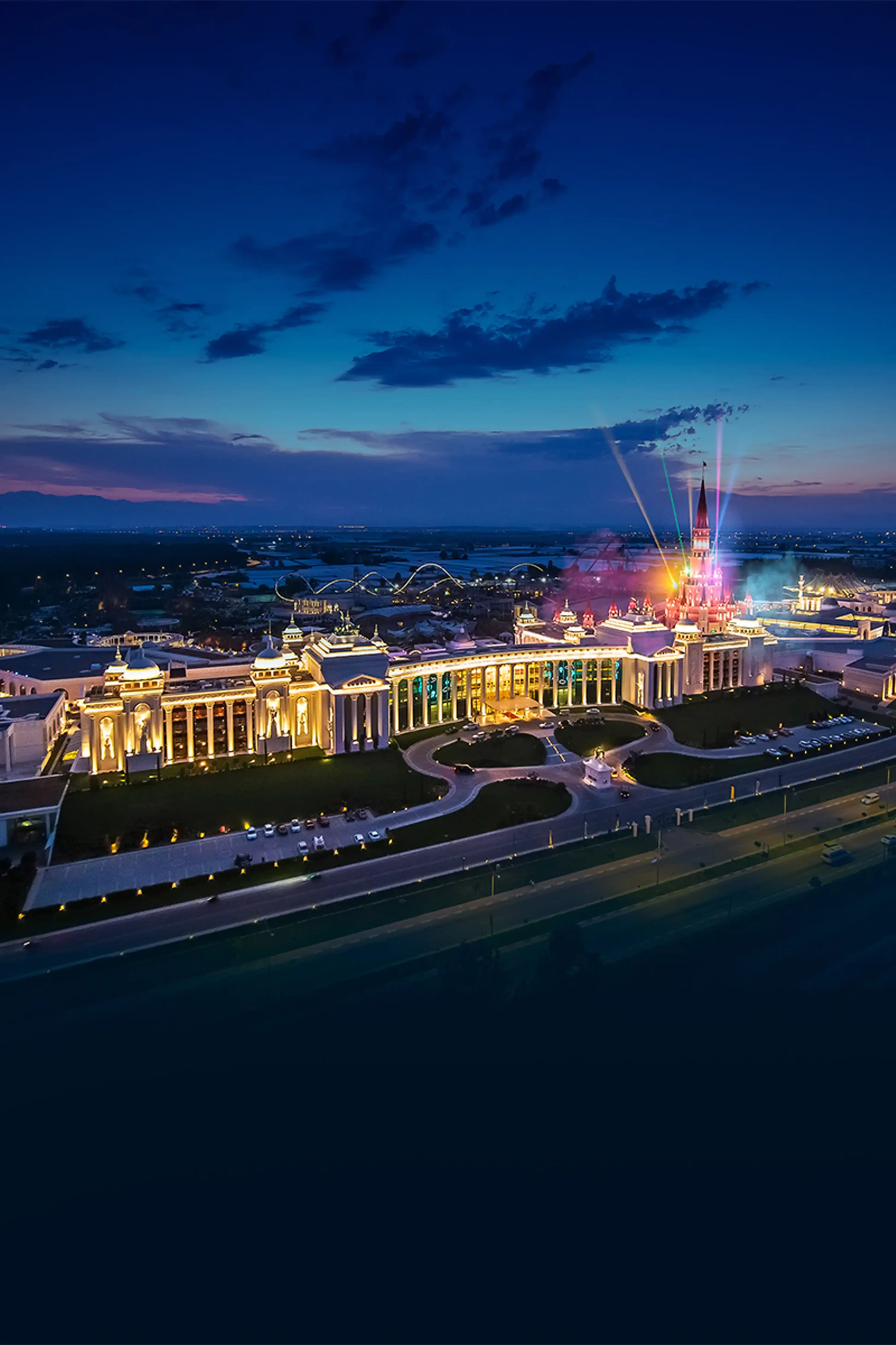 Night aerial view of The Land of Legends Kingdom Hotel and theme park